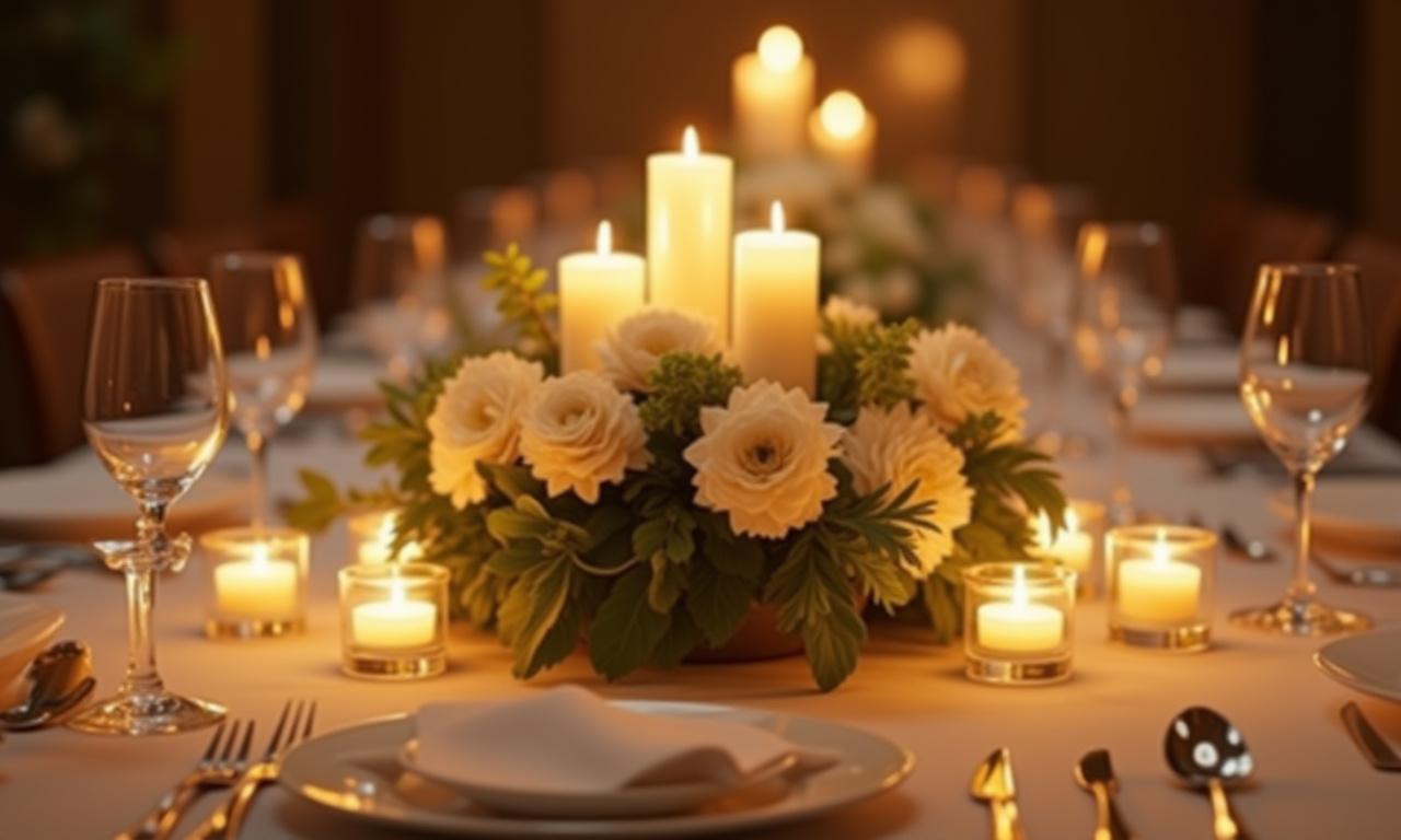 Centrotavola elegante per una cena formale con candele e fiori bianchi, in un'atmosfera ovattata.
