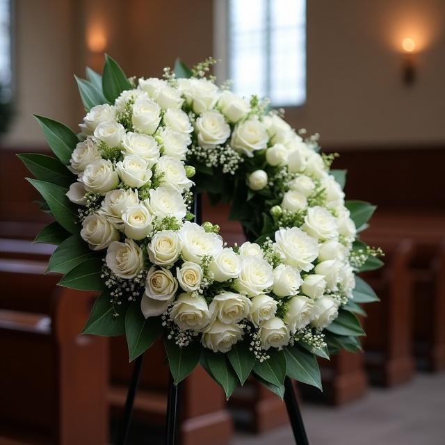 Una corona di fiori bianchi per una cerimonia funebre, simbolo di rispetto.