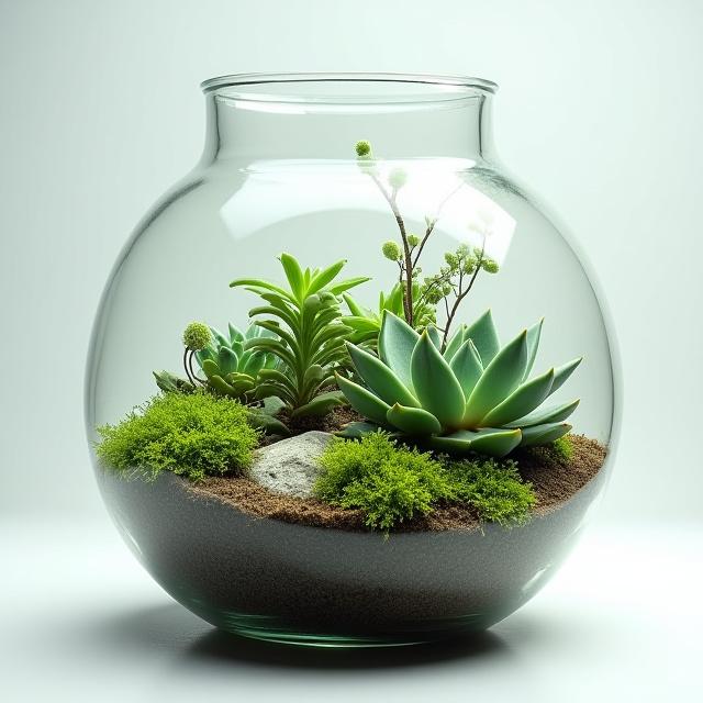 Un bellissimo terrario in vetro con piante grasse e muschio.